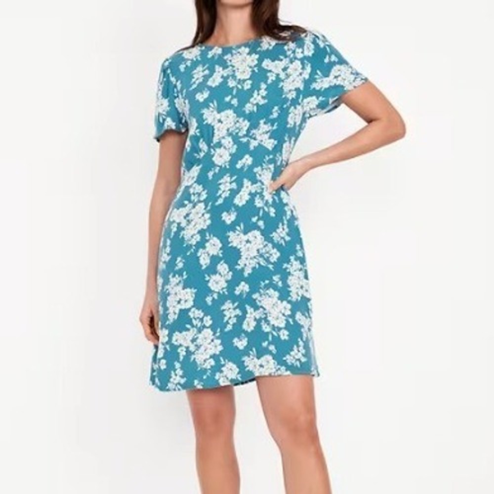 Old Navy Womens Sz Medium Crepe Mini Dress Floral Teal White Short Sleeve Pocket